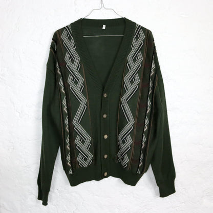 Vintage 80er 90er Strickjacke Cardigan gemustert dunkelgrün Knopfleiste 52 L