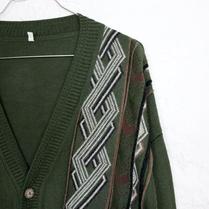 Vintage 80er 90er Strickjacke Cardigan gemustert dunkelgrün Knopfleiste 52 L