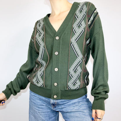 Vintage 80er 90er Strickjacke Cardigan gemustert dunkelgrün Knopfleiste 52 L