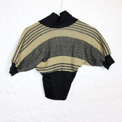 Vintage 80s 90s crop blouse top short sleeve puff sleeves striped knit V-neck XS/S