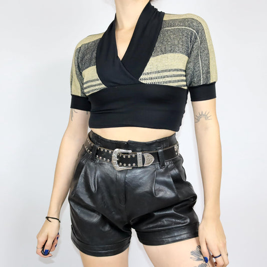 Vintage 80er 90er Crop Bluse Top kurzarm Puffärmel gestreift Strick V-Ausschnitt XS/S