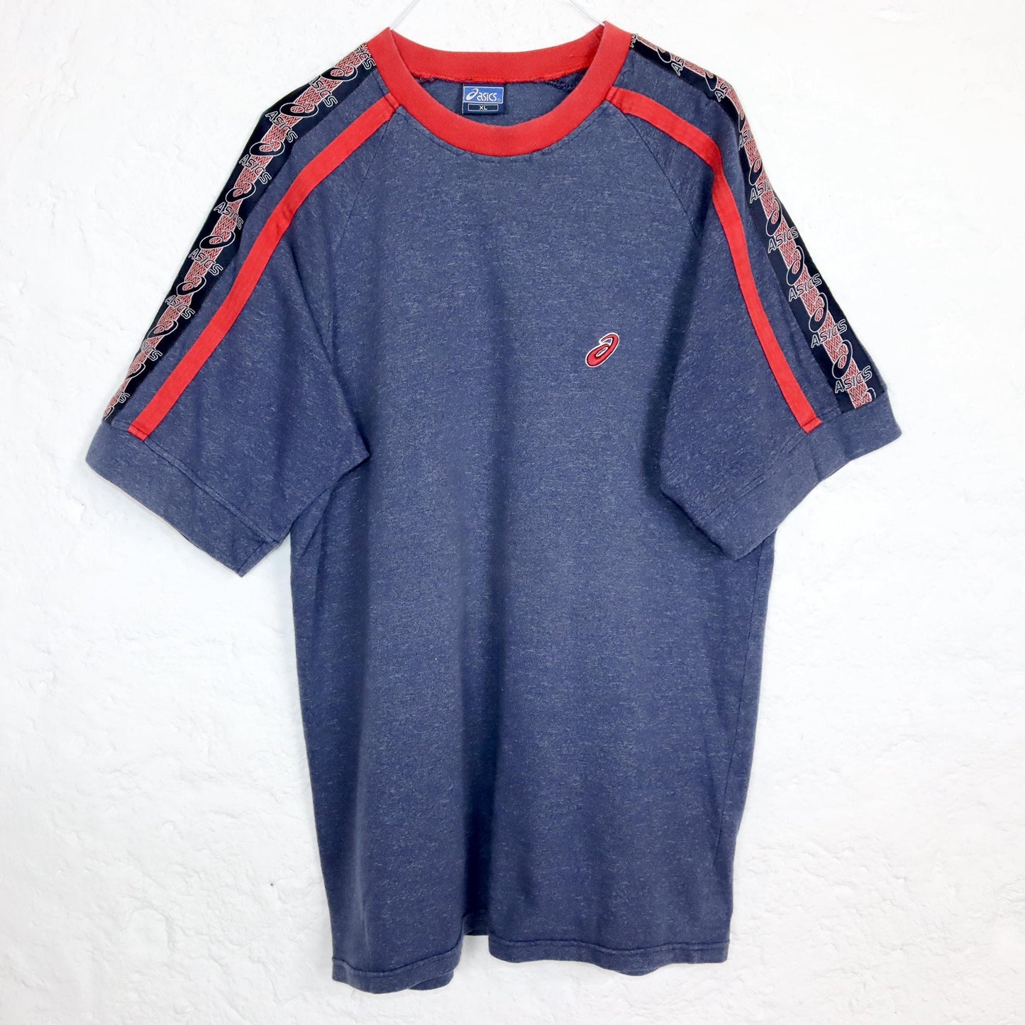 Vintage 80s 90s ASICS T-Shirt blue mottled red short sleeve XL