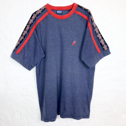 Vintage 80s 90s ASICS T-Shirt blue mottled red short sleeve XL