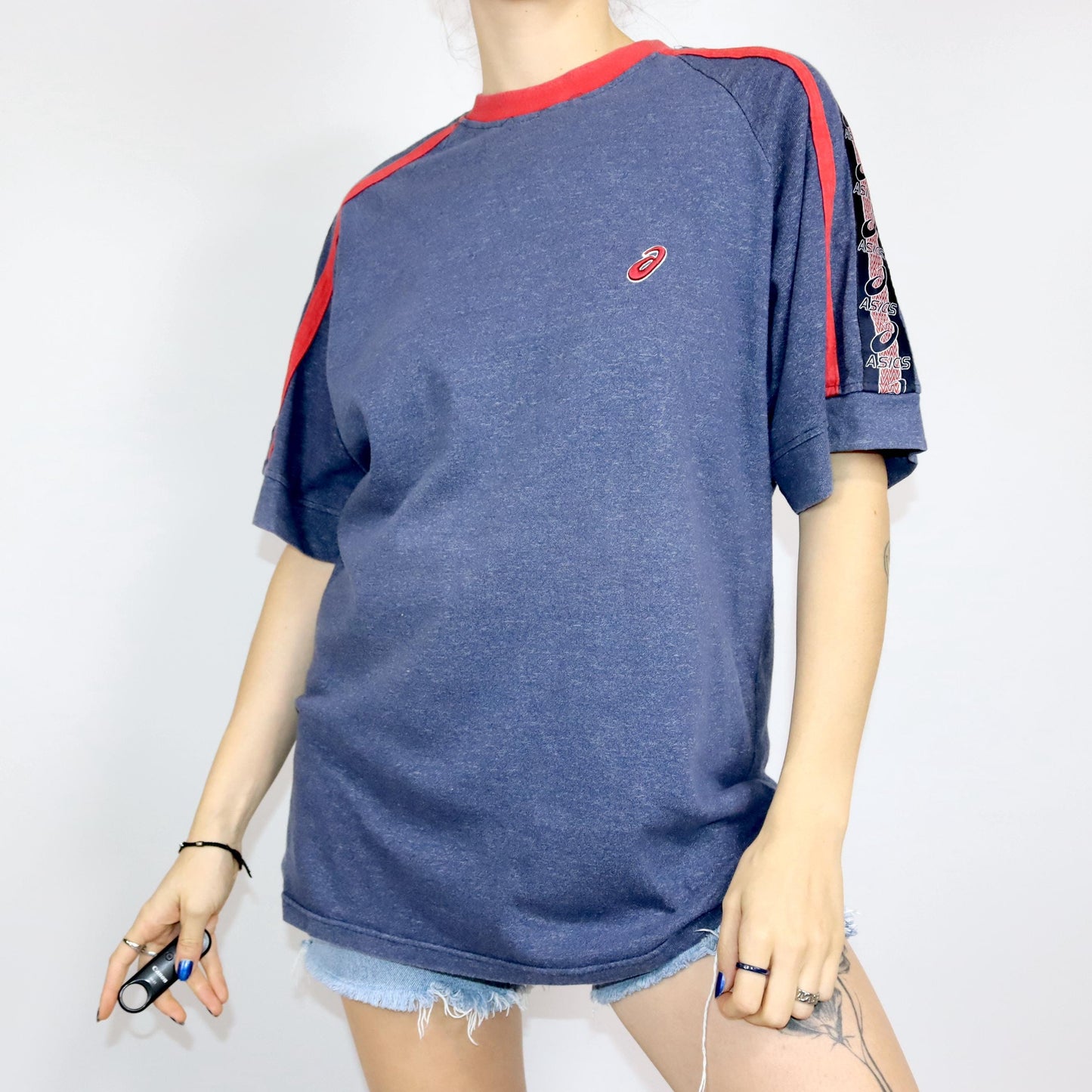 Vintage 80s 90s ASICS T-Shirt blue mottled red short sleeve XL