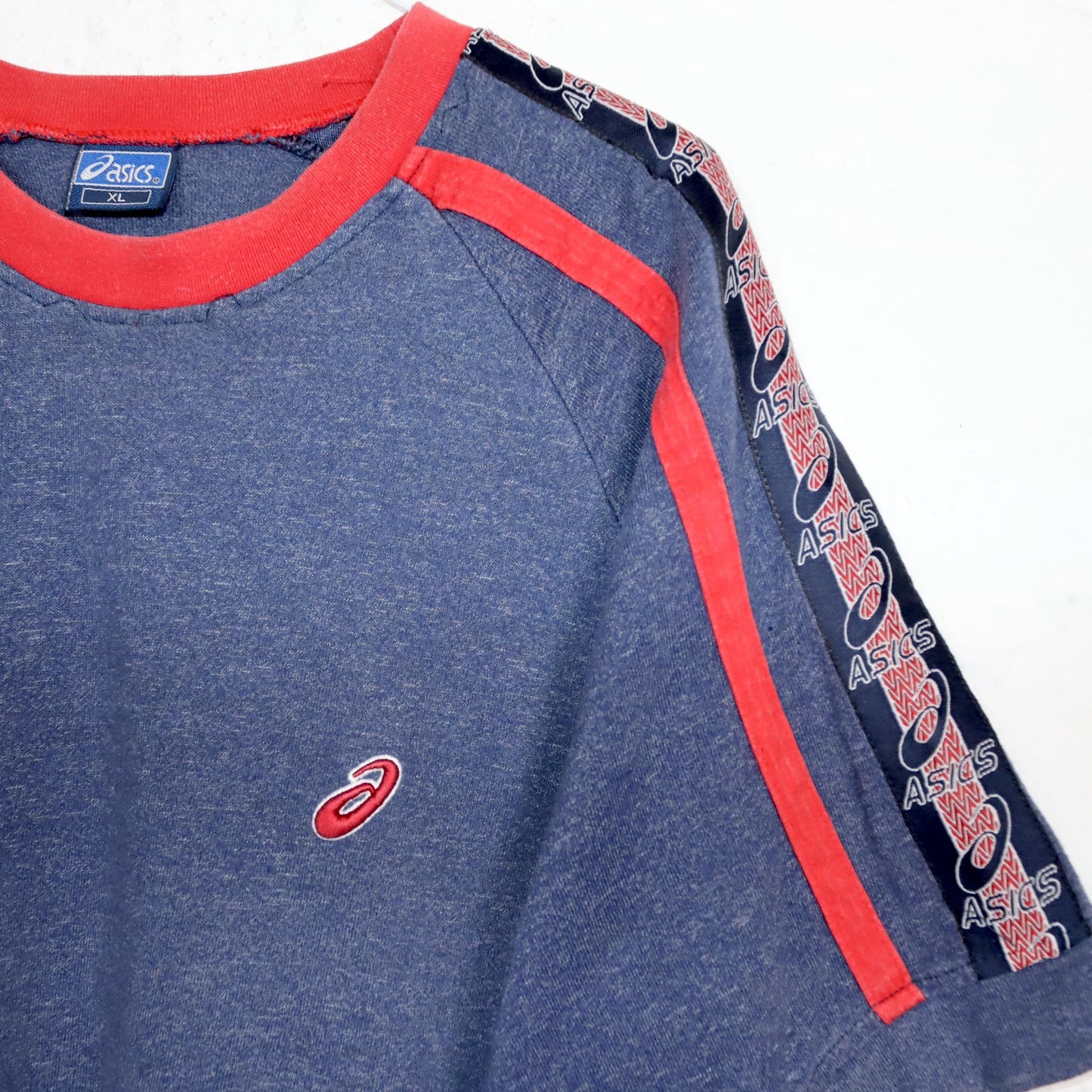 Vintage 80s 90s ASICS T-Shirt blue mottled red short sleeve XL