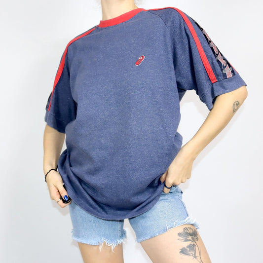 Vintage 80s 90s ASICS T-Shirt blue mottled red short sleeve XL
