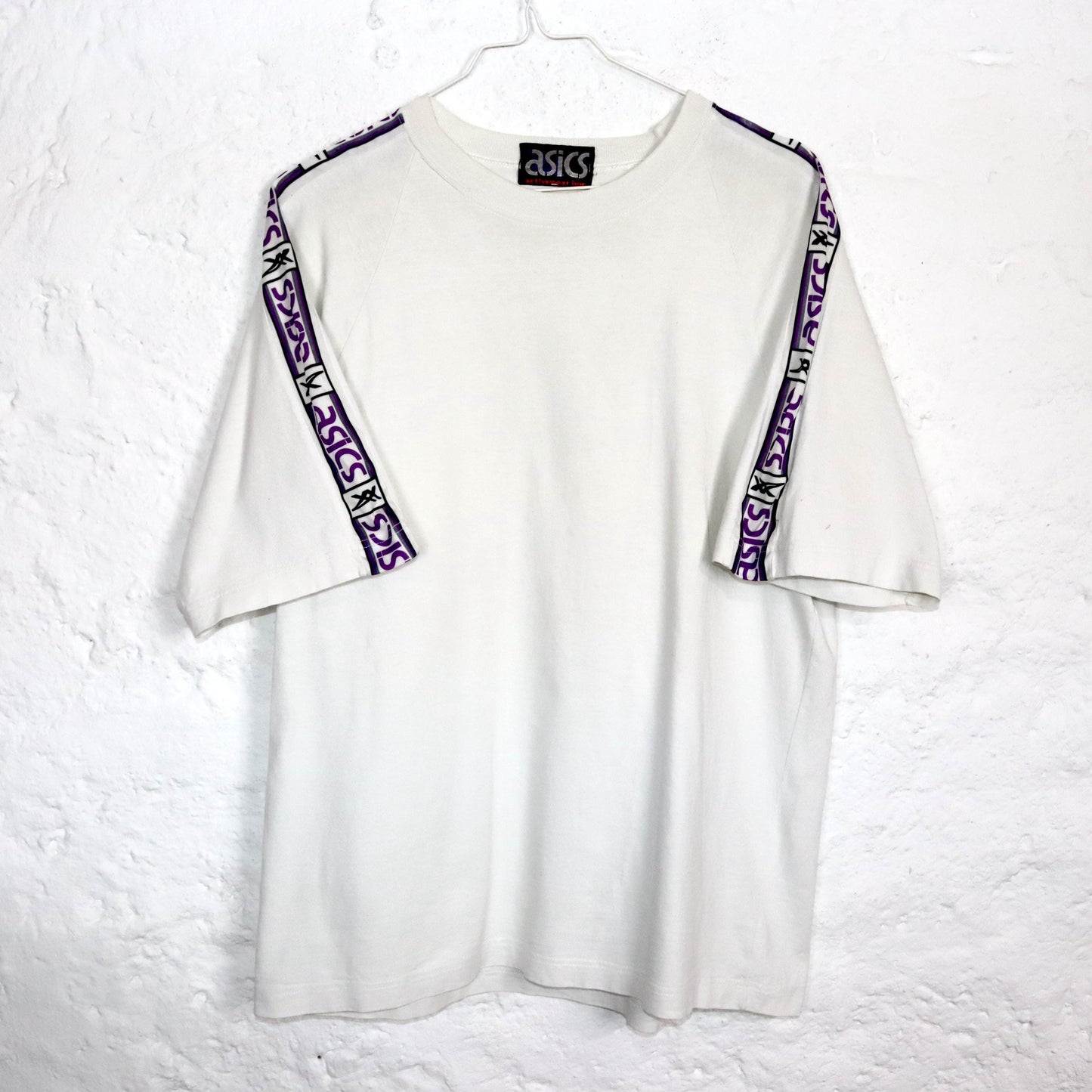 Vintage 80s 90s ASICS T-Shirt short sleeve white purple M/L