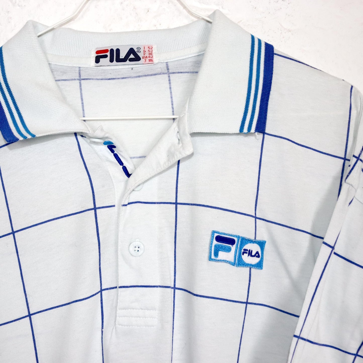 Vintage 80s 90s FILA polo shirt T-shirt short sleeve checked white blue tennis shirt 52 L