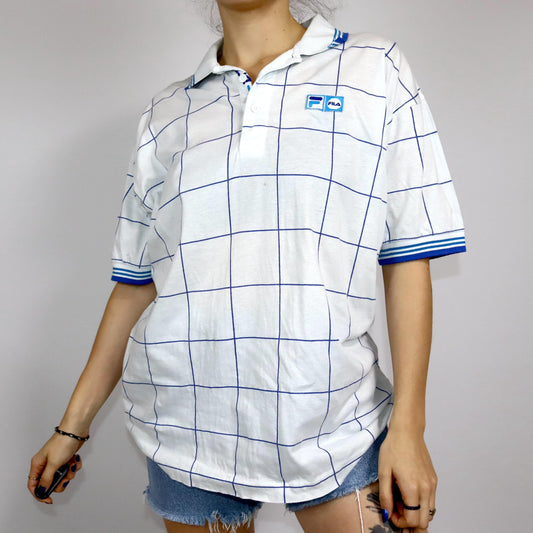 Vintage 80s 90s FILA polo shirt T-shirt short sleeve checked white blue tennis shirt 52 L