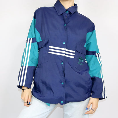 Vintage 80s 90s ADIDAS rain jacket windbreaker collar dark blue turquoise D4 S
