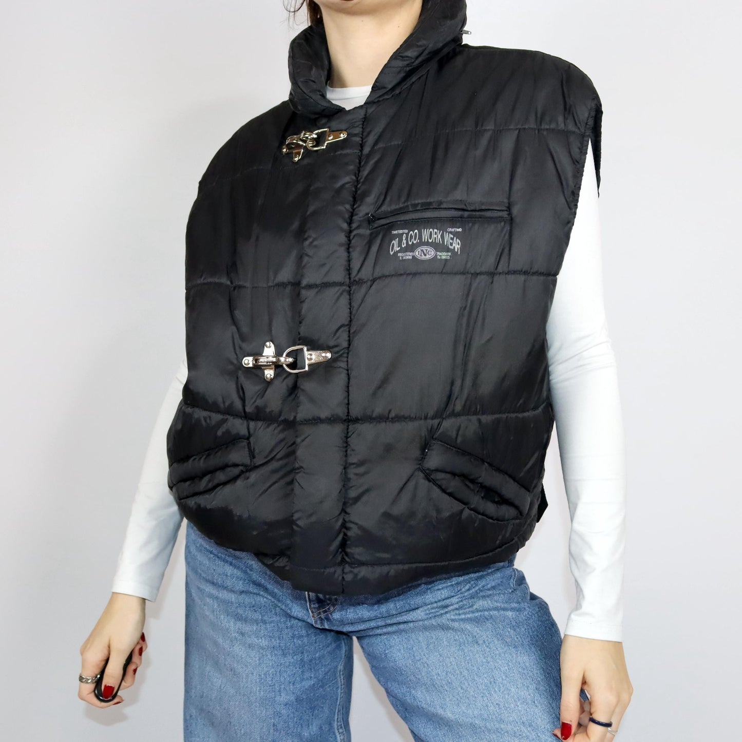 Vintage 80s 90s OIL&amp;CO puffer vest black stand-up collar lined M