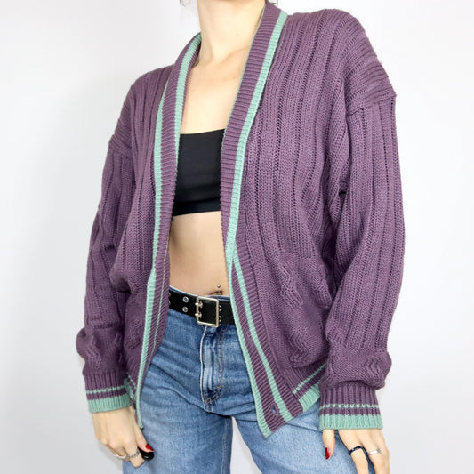 Vintage 80s 90s Cardigan Button Front Purple Lilac Turquoise 44/46