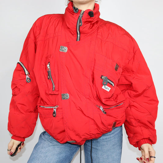 Vintage 80er 90er PROLINE Skijacke Winterjacke gefüttert Stehkragen rot Schulterpolster L