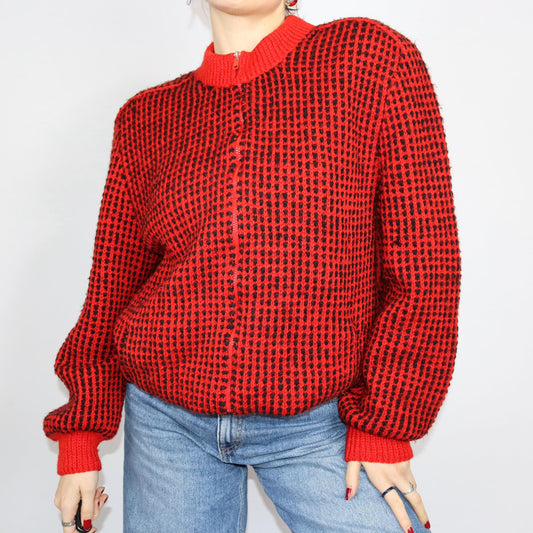 Vintage 80s 90s wool jacket thick cardigan wool double layer black red shoulder pads zipper M