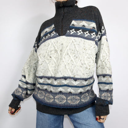 Vintage 80er 90er ANGELO LITRICO Wollpullover Fischerpullover wolle Mohair Stehkragen Norwegen gemustert L