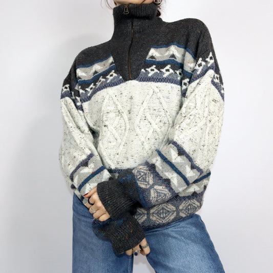 Vintage 80er 90er ANGELO LITRICO Wollpullover Fischerpullover wolle Mohair Stehkragen Norwegen gemustert L