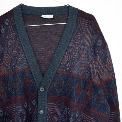 Vintage 80s 90s SIMONS Cardigan patterned button placket wool cardigan wool M/L