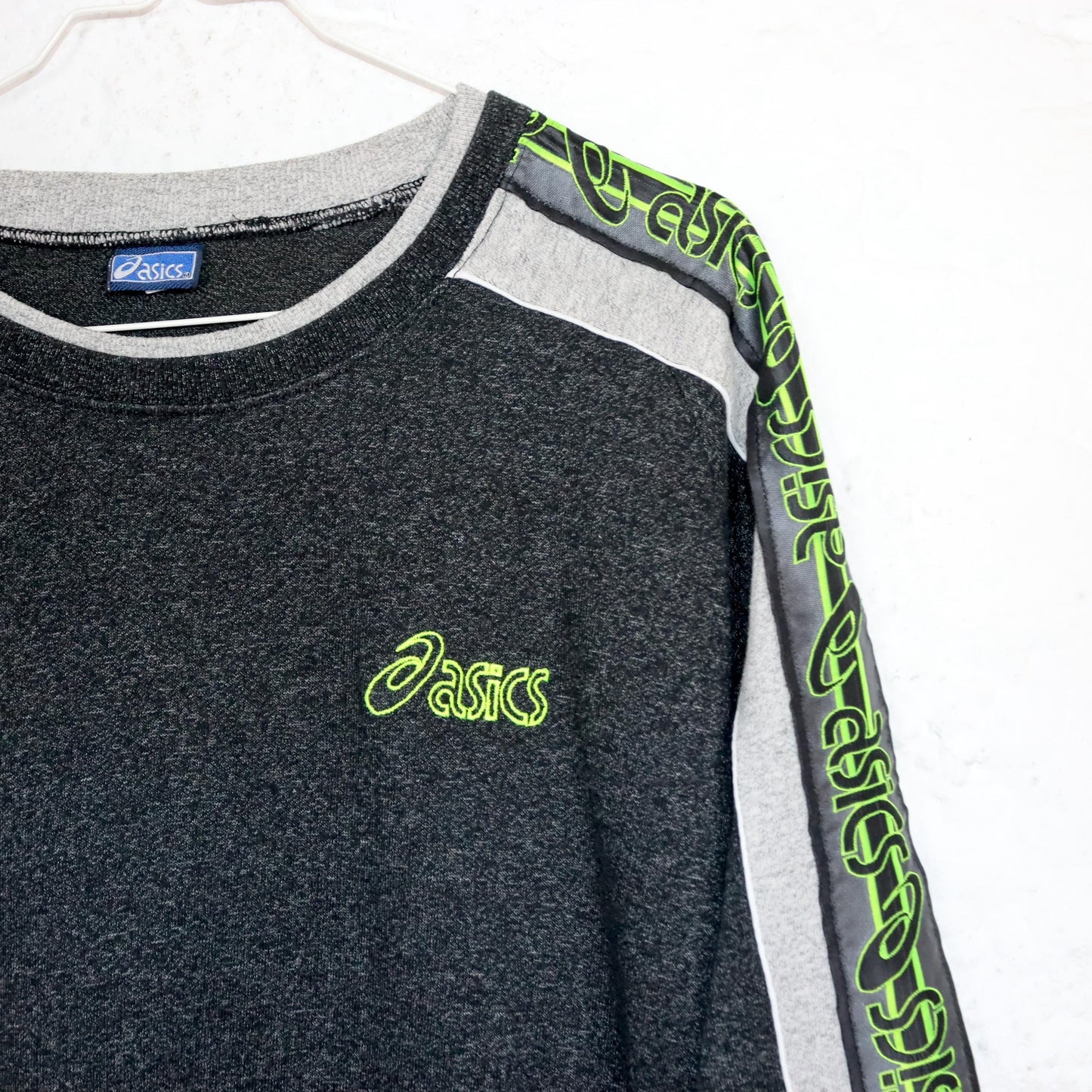 Vintage 80s 90s ASICS T-Shirt short sleeve grey melange neon green XL
