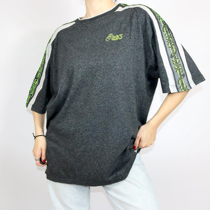 Vintage 80s 90s ASICS T-Shirt short sleeve grey melange neon green XL