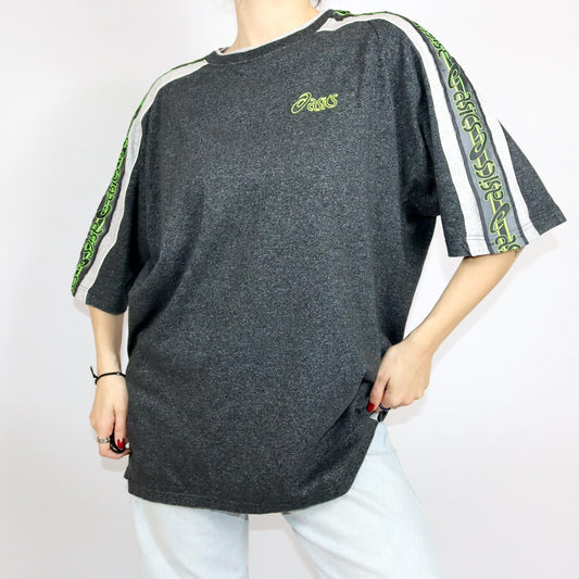 Vintage 80s 90s ASICS T-Shirt short sleeve grey melange neon green XL