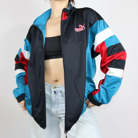 Vintage 80s 90s PUMA tracksuit jacket stand-up collar black blue red L