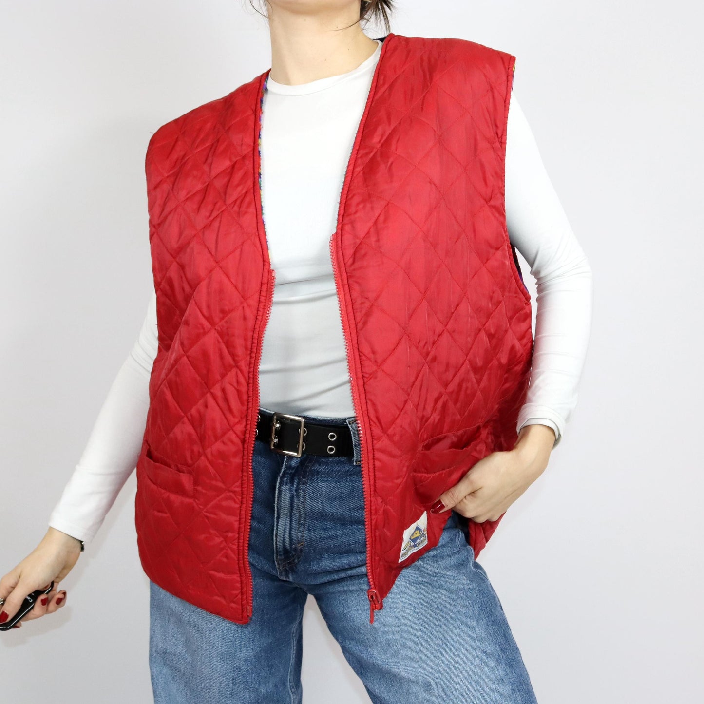 Vintage 80s 90s ROYAL CLUB reversible fleece vest quilted vest colorful red patterned L