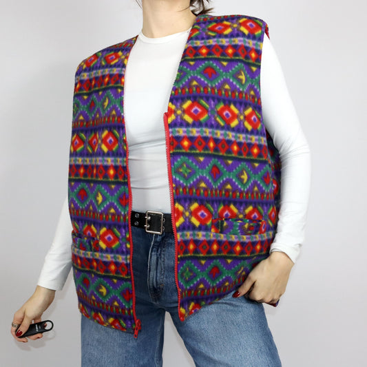 Vintage 80s 90s ROYAL CLUB reversible fleece vest quilted vest colorful red patterned L