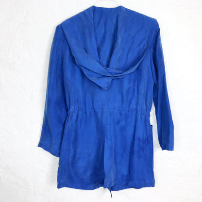 Vintage 80s 90s silk jacket coat silk shoulder pads blue hood 38