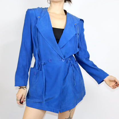Vintage 80s 90s silk jacket coat silk shoulder pads blue hood 38