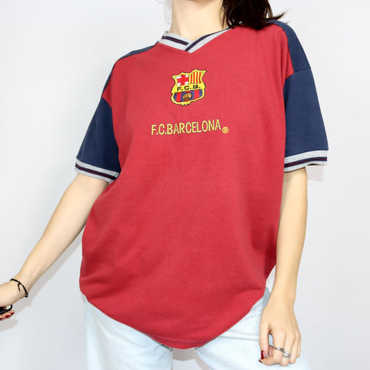 Vintage 80s 90s JOSMA FC Barcelona 2000 T-Shirt short sleeve V-neck dark red dark blue XL