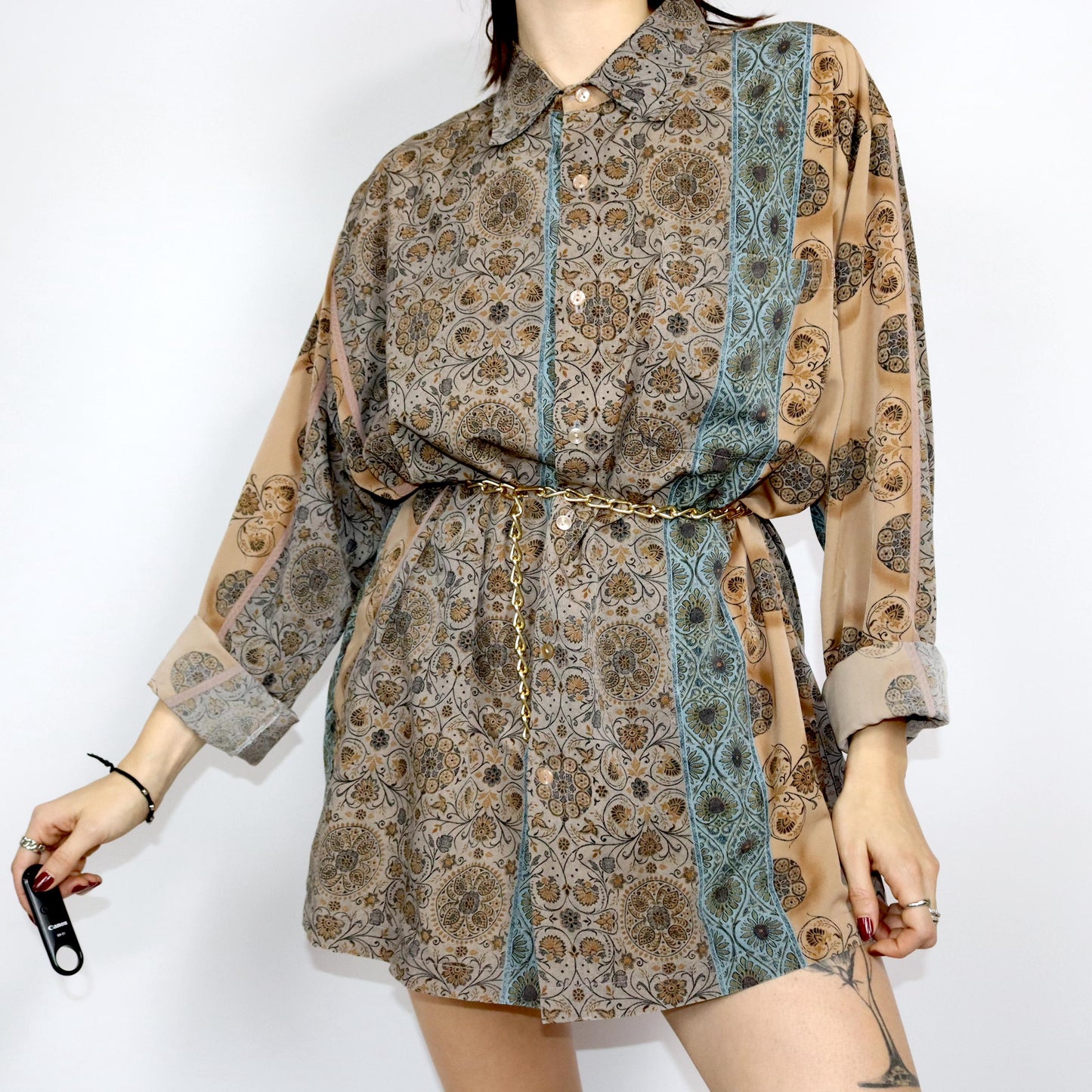 Vintage 80s 90s blouse shirt dress blouse dress patterned beige blue L