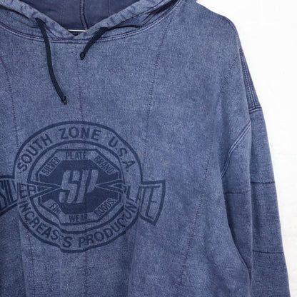 Vintage 80er 90er SILVER PLATE Hoodie dicker Pullover doppellagig used look dunkelblau Print