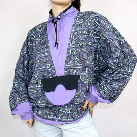 Vintage 80s 90s RUNNERS POINT training jacket windbreaker crazy pattern purple turquoise XL