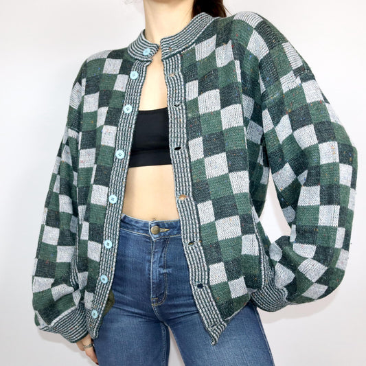Vintage 80s 90s cardigan patterned dark green grey checkerboard pattern button placket 52 L