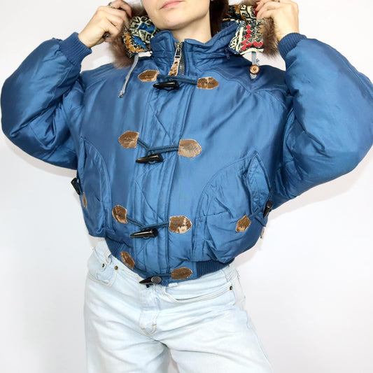 Vintage 80s 90s VPHENIX Arctic Zone winter jacket bomber jacket sticker back shiny blue lined M