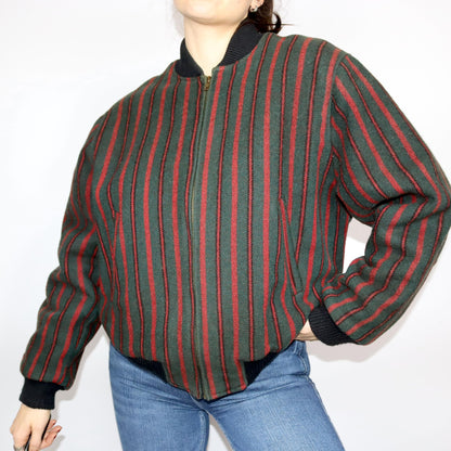 Vintage 80s 90s REDMAN bomber jacket wool lightly lined striped dark green red M