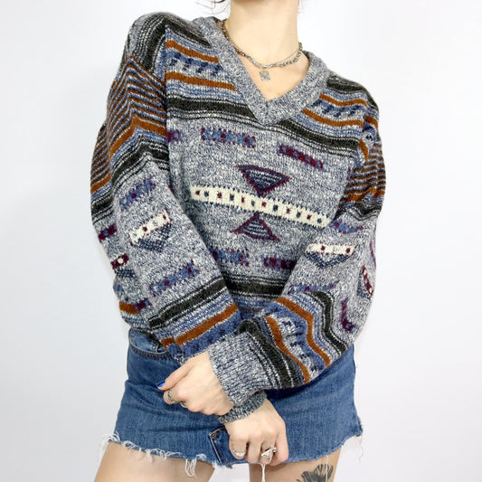 Vintage 80er 90er PINO ERRE Wollpullover Strickpullover wolle gemustert V-Ausschnitt Alpaka M