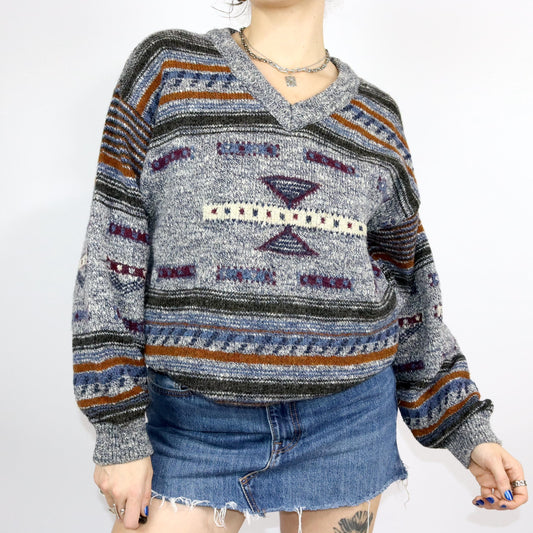 Vintage 80er 90er PINO ERRE Wollpullover Strickpullover wolle gemustert V-Ausschnitt Alpaka M