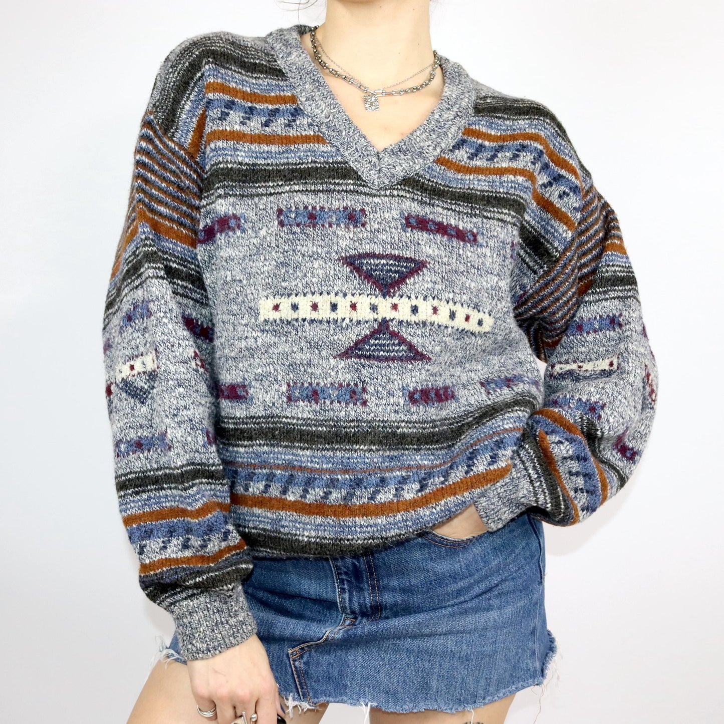 Vintage 80er 90er PINO ERRE Wollpullover Strickpullover wolle gemustert V-Ausschnitt Alpaka M