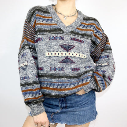 Vintage 80er 90er PINO ERRE Wollpullover Strickpullover wolle gemustert V-Ausschnitt Alpaka M