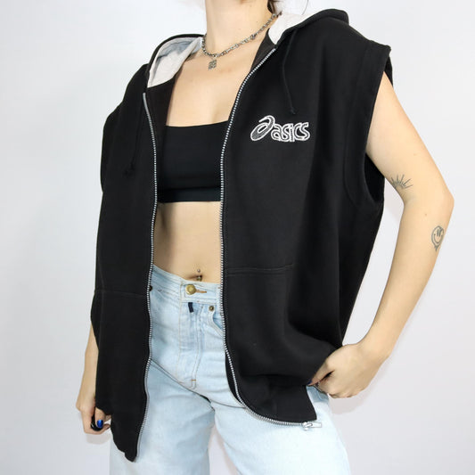 Vintage 80s 90s ASICS vest sweat vest hood black grey XXL