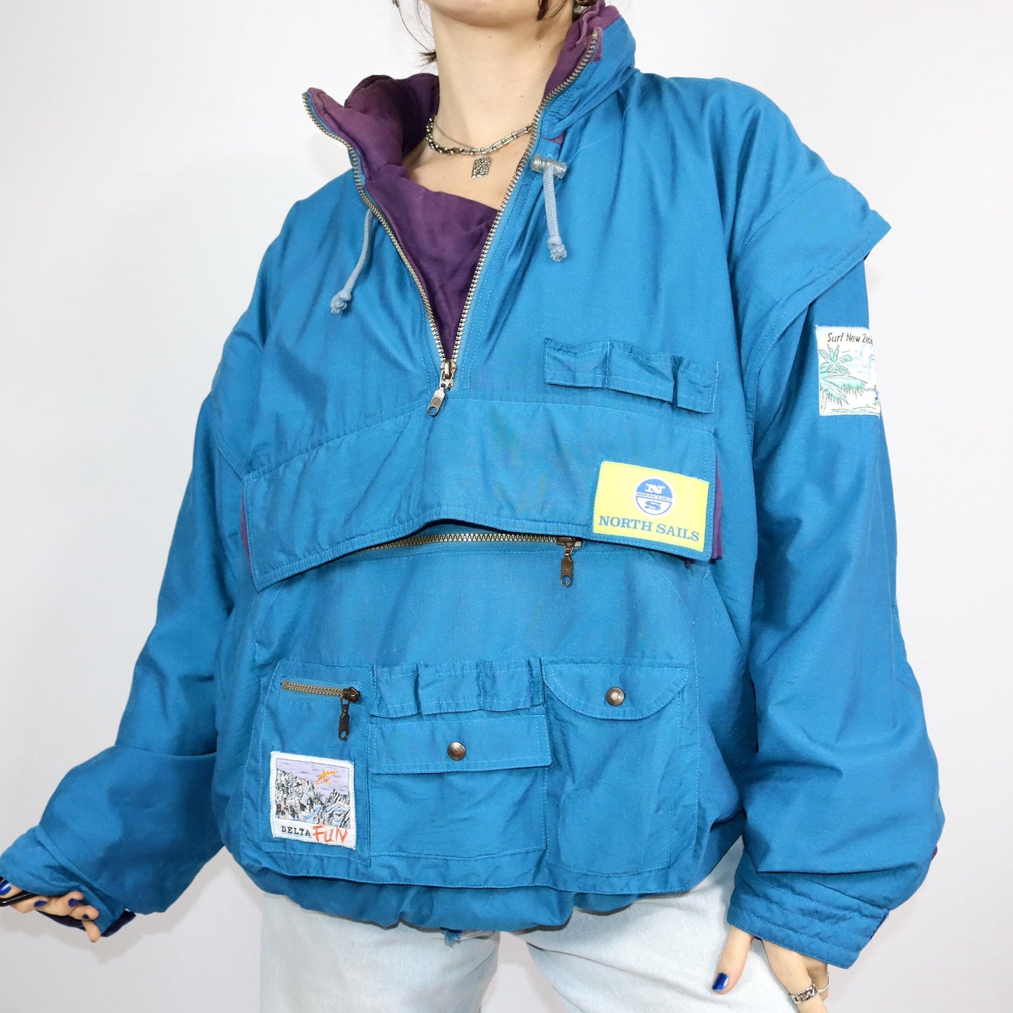 Vintage 80s 90s ADIDAS sailing jacket overcoat windbreaker vest hood Aditex blue 58 XXXL