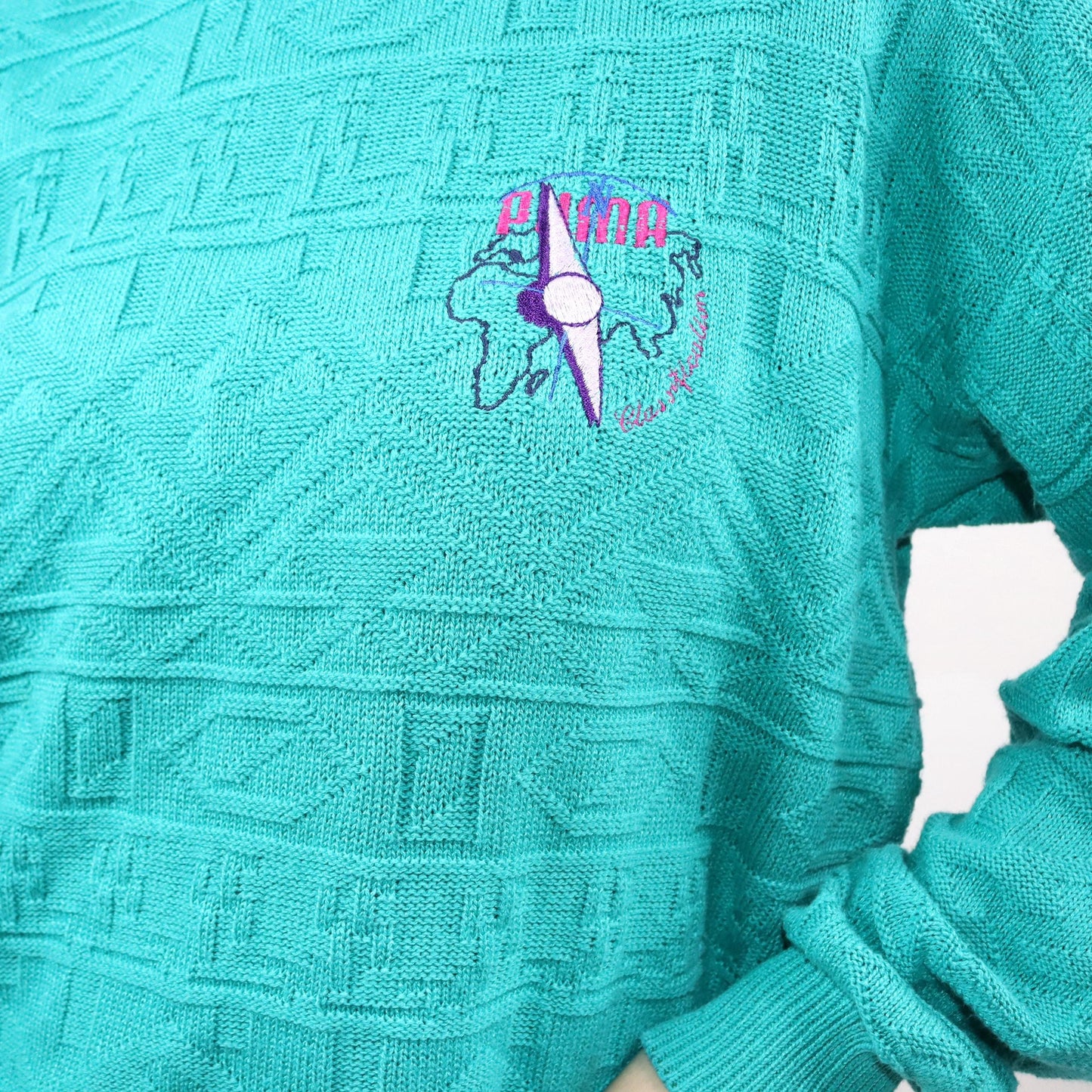 Vintage 80er 90er PUMA Pullover Strickpullover Zopfmuster türkis Stickerei M