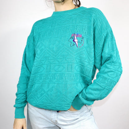 Vintage 80er 90er PUMA Pullover Strickpullover Zopfmuster türkis Stickerei M