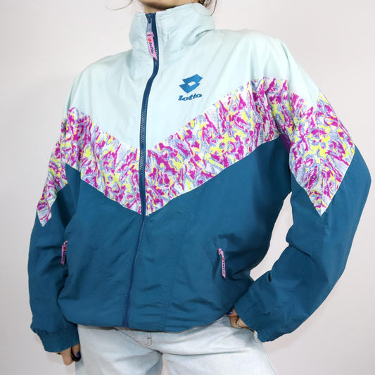 Vintage 80s 90s LOTTO tracksuit jacket stand-up collar colorful crazy pattern L