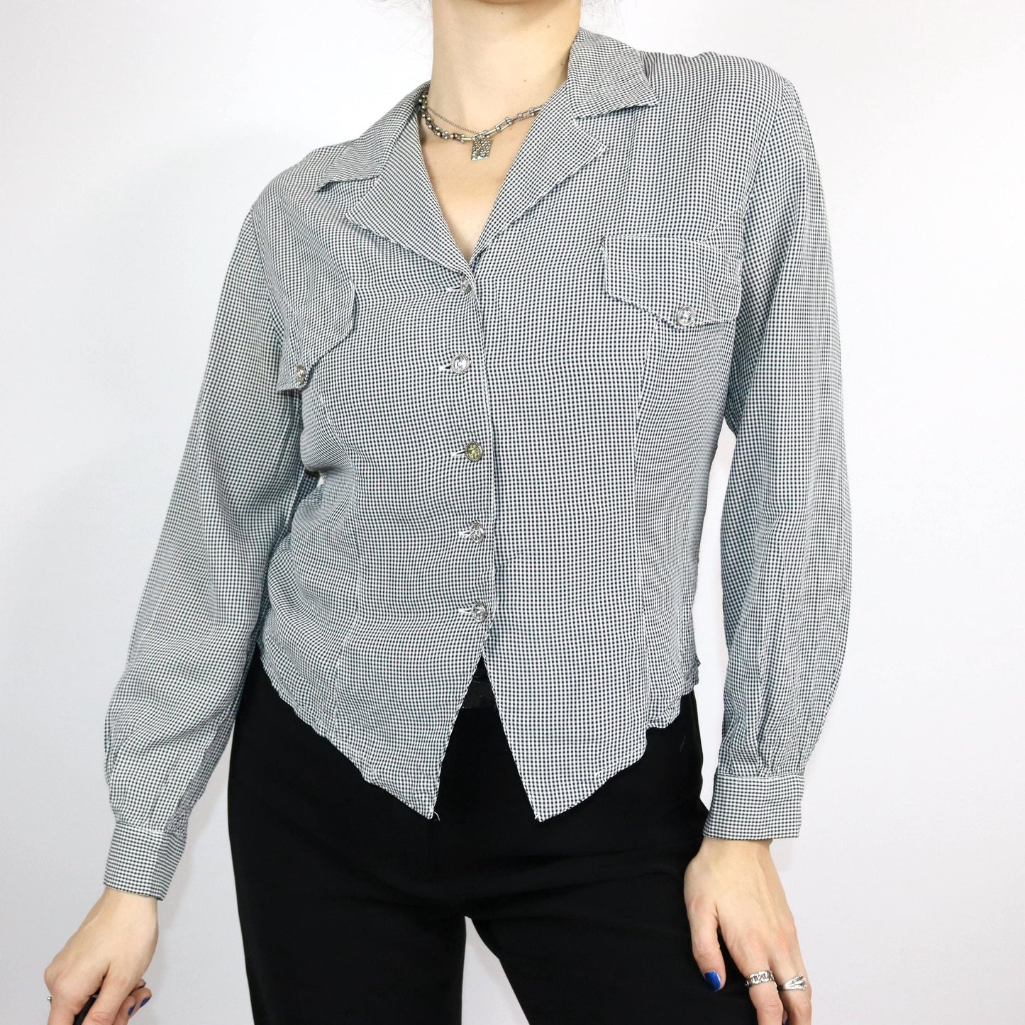 Vintage 80er 90er bluse langarm schwarz weiß kariert Viskose M