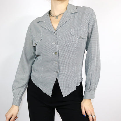Vintage 80er 90er bluse langarm schwarz weiß kariert Viskose M