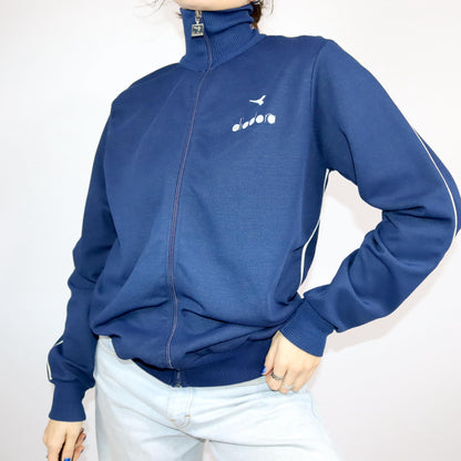 Vintage 80s 90s DIADORA tracksuit jacket stand-up collar dark blue tight M/L