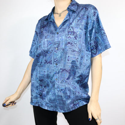 Vintage 80s 90s THAI SILK shirt short sleeve crazy pattern blue shiny silk L