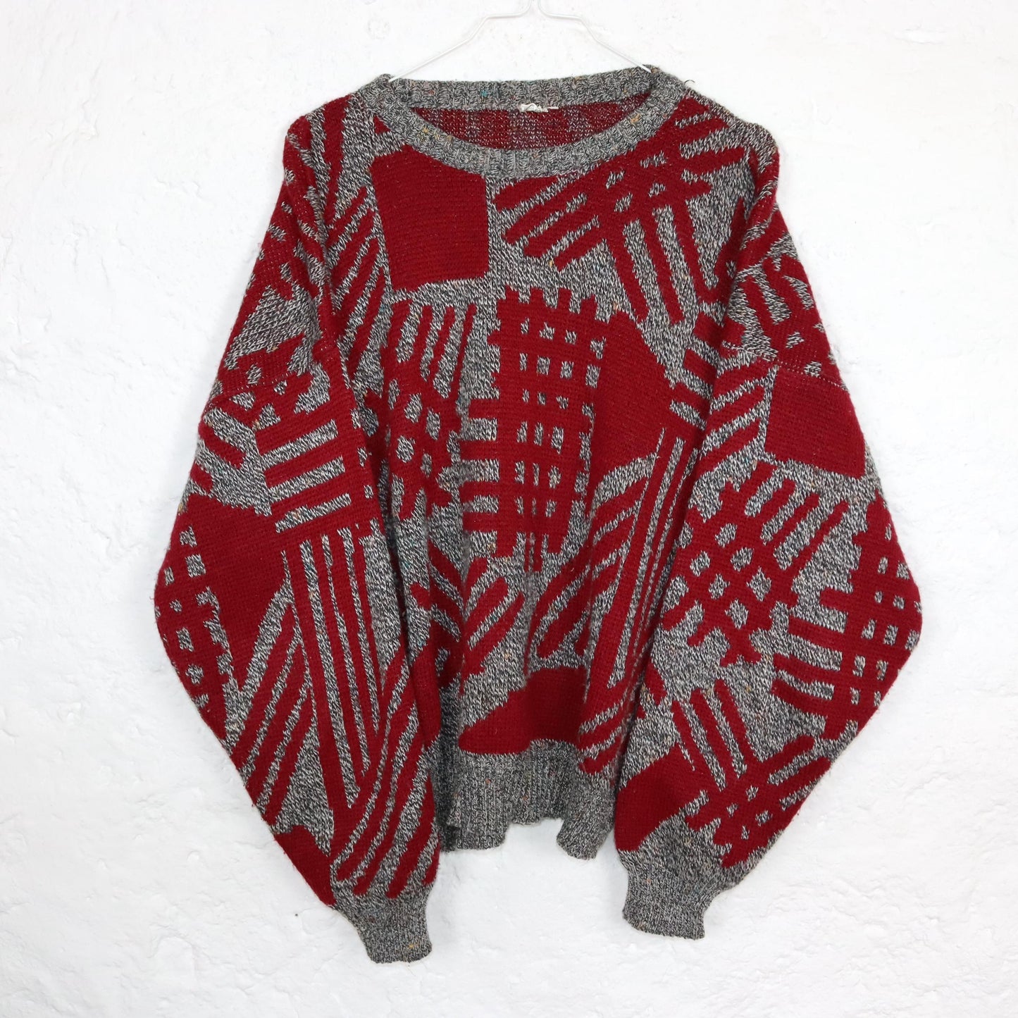 Vintage 80er 90er Pullover Strickpullover crazy pattern grau rot 50 L